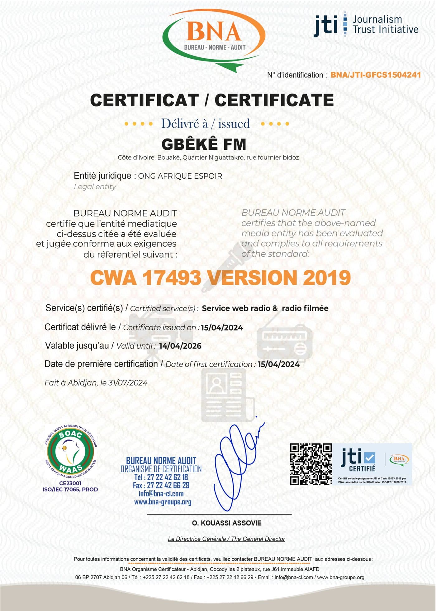 Certificat JTI de Gbêkê FM